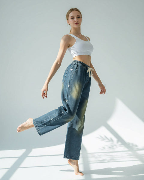 刺繡デザインワイドデニム